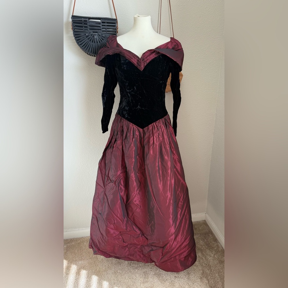 Vintage ILGWU Black & Burgundy Velvet Stand Up Collar Formal Dress, Size 14